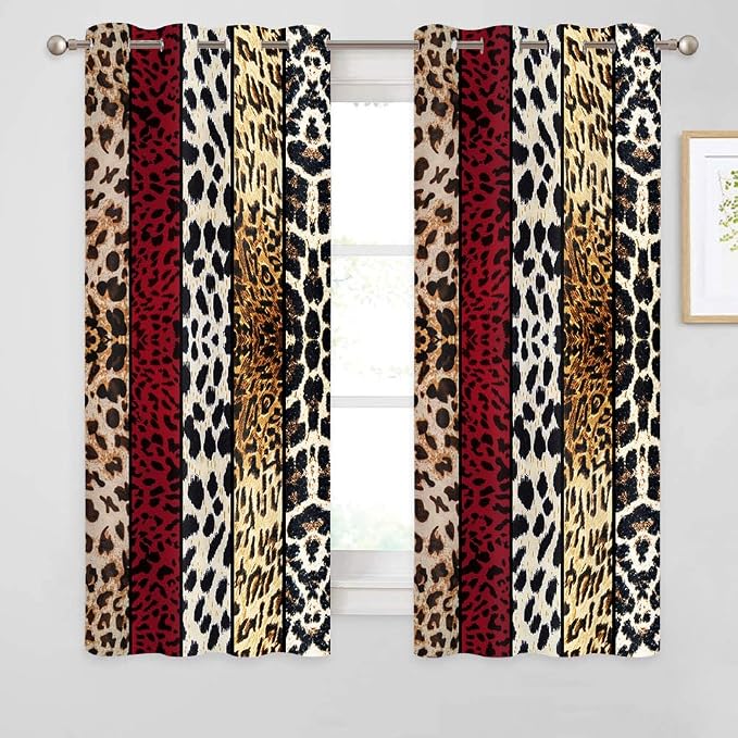 Wild Animal Print Curtain, Room Darkening Thermal Insulated Blackout Leopard Boa Window Drapes with Grommets for Living, Dining, Bedroom, Red Leopard Print, 52"x 63", 2 Panels