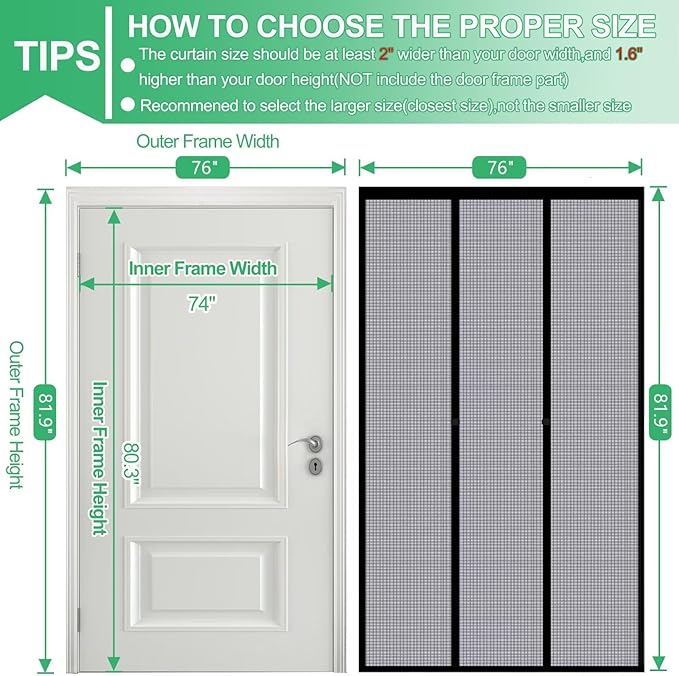 RELIANCER Fiberglass Magnetic Double Door Screen,Fit Doors Size 74"x80",Auto Close Screen Door Mesh w/Magnets,Patio Doorway Mosquito Net Screens,Self-Closing Doors Cover,Doorway Curtain Mesh Partition
