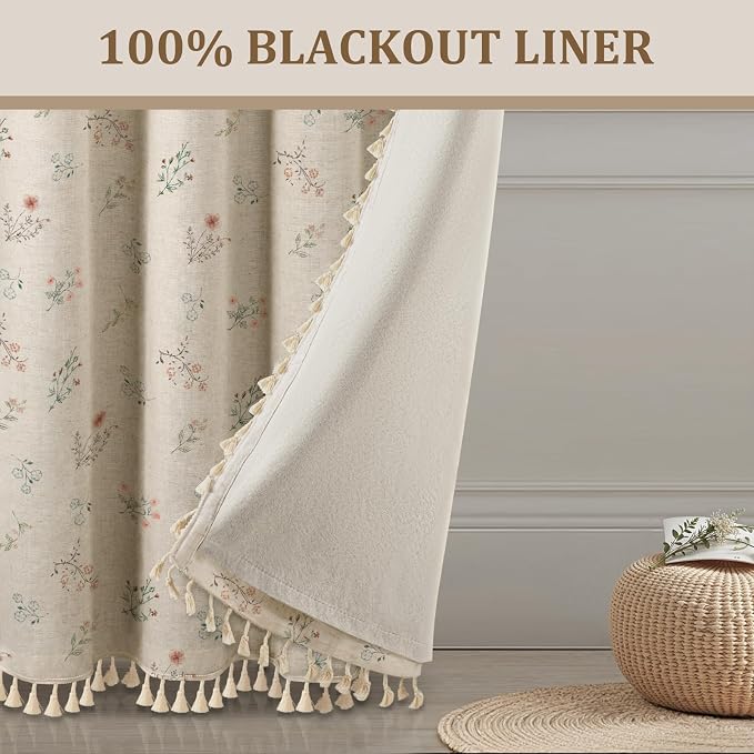 Boho Floral 100% Blackout Curtains for Bedroom 84 Inch Length 2 Panels Set, Linen Texture Farmhouse Curtains Beige Tassel for Living Room Vintage Rustic Patterned Printed Western Rod Pocket