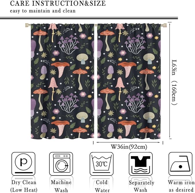 Mushroom Curtains,Colorful Plant Forest Botanical Print Window Treatments for Bedroom Living Room Kitchen Cartoon Herbs Floral Window Drapes 2 Panels Set,Total Size 72 x 63 Inch
