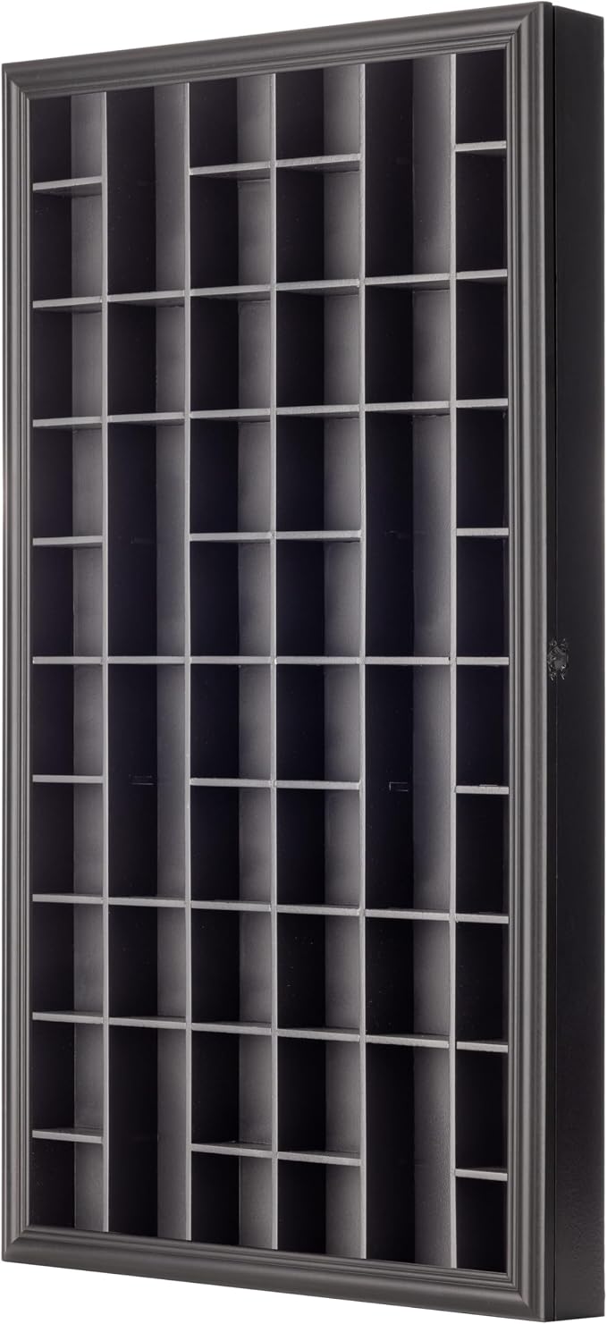 Gallery Solutions - Black Wall-Mounted - Curio & Shot Glass Display Case - 17"x32" Glass Door - Bar Accessories - Collectible - Miniature Glassware - Bar Accessories