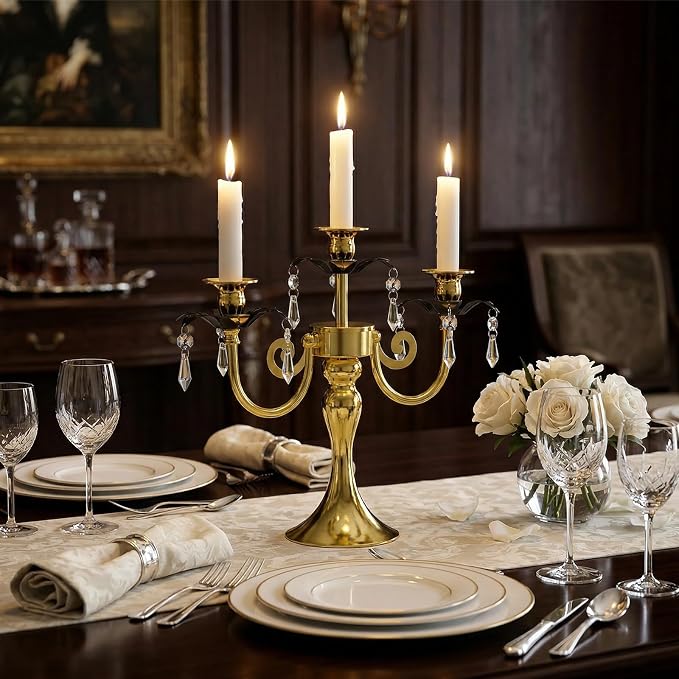6 Pcs 3 Arm Black and Gold Candelabra Party Decorations - 11.8 Inch Tall Candle Holders, Elegant Taper Candlestick Stand for Wedding, Dining Table, Christmas Party Home Decoration