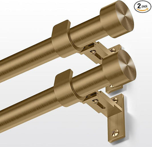 2 Pack Brass Gold Curtain Rod 34 to 124 Inch, Brushed Warm Gold 1” Adjustable Long Heavy Duty Curtain Rods for Windows, Decorative Antique Drapery Rods with Modern Solid Aluminum Finials