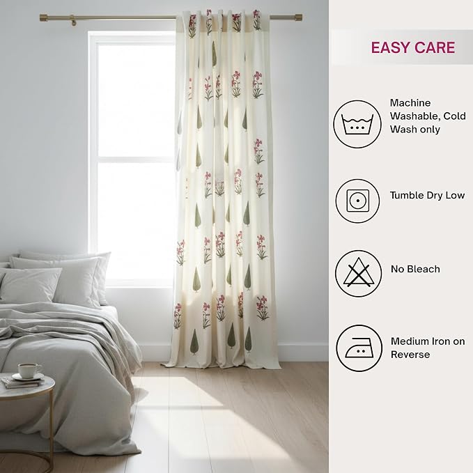 ATOSII 100% Cotton Single Panel Block Print Curtain, Easy Hanging with Rod Pocket & Loop, Living Room, Dining Room, Bedroom Light Filtering Boho Curtains, Set of 1, 60" W X 108" L, Cypress