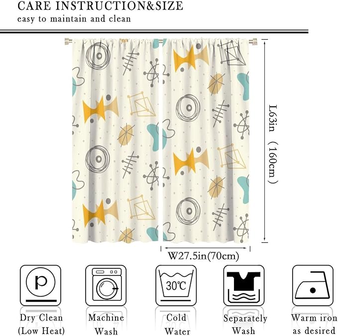 JESTRONRY Mid Century Modern Curtains,Vintage 1950s Atomic Stars Abstract Geometric Shapes Window Treatments Curtains for Living Room Bedroom Kitchen Bathroom Home Decor C 55x63in