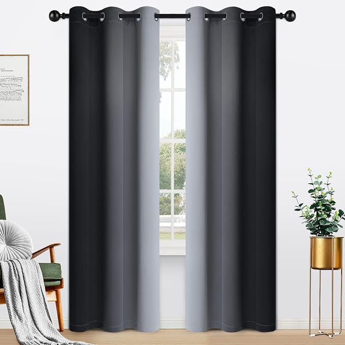Yakamok Ombre Curtains Black and Greyish White for Living Room,42Wx84L | Room Darkening Curtains 84,Thermal Insulated Gradient Color Drape,Light Blocking Grommet Window Curtains for Bedroom,2 Panels
