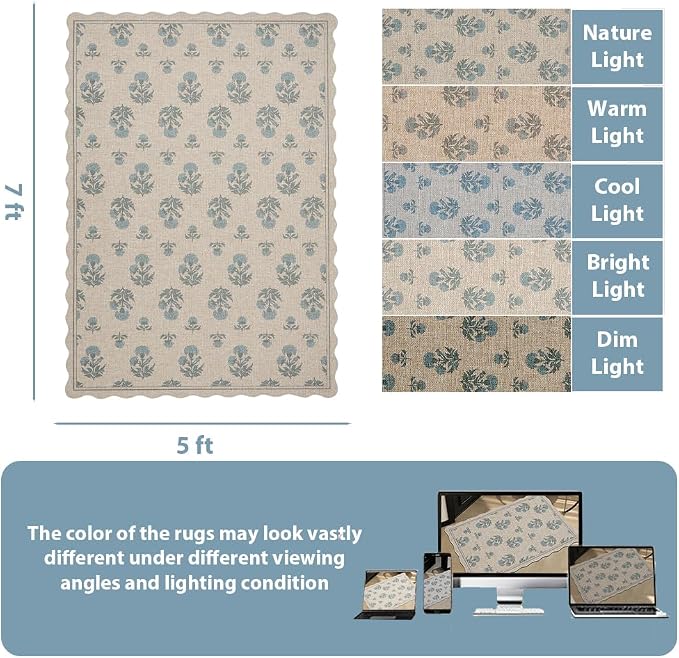 ORTIGIA Scalloped Easy Jute 5x7 Area Rug Vintage Blue Floral Farmhouse Washable Non-Slip Indoor Outdoor Carpet for Living Room Bedroom Patio Entryway