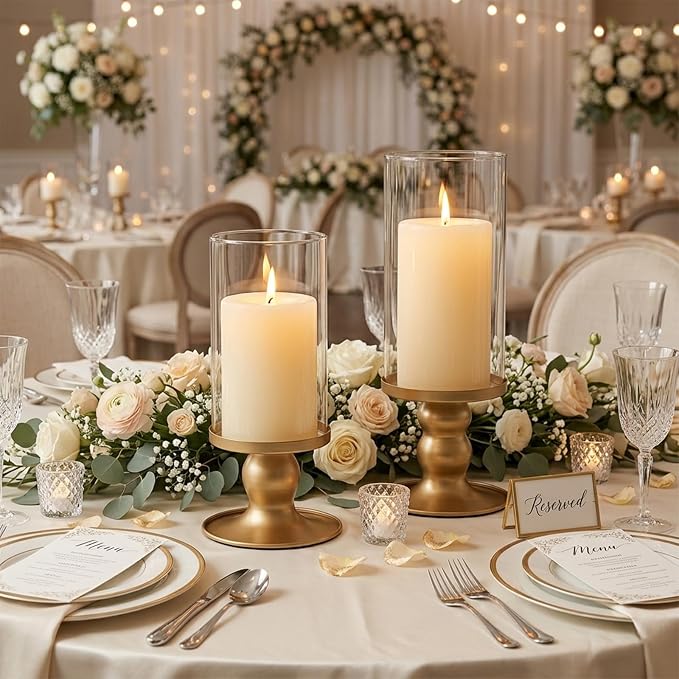 NITIME 2Pcs Hurricane Candle Holder for Pillar Candles, Gold Candle Holders with Clear Glass Sleeve for Table Centerpieces,Pillar Candle Holders for Home Decor, Wedding, Holiday and Party Decor