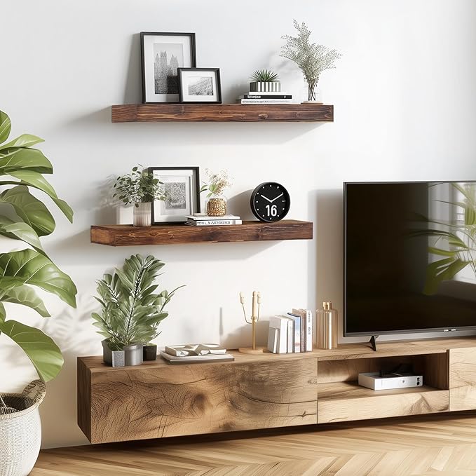 24x6.8x2 Inch Rustic Floating Shelves for Wall Set of 2 - Brown Solid Wood Wall Mounted Shelves with Invisible Bracket, Extended Design for Farmhouse Living Room Bedroom Kitchen Decor