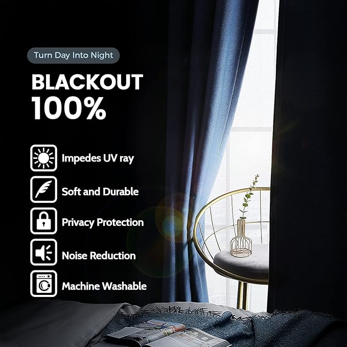 SimpleHome 100% Blackout Curtains for Bedroom,Thermal Insulated Grommet Window Drapes Room Darkening Navy Blue Curtains for Living Room with Black Back,42 x 84 Inch,2 Panels