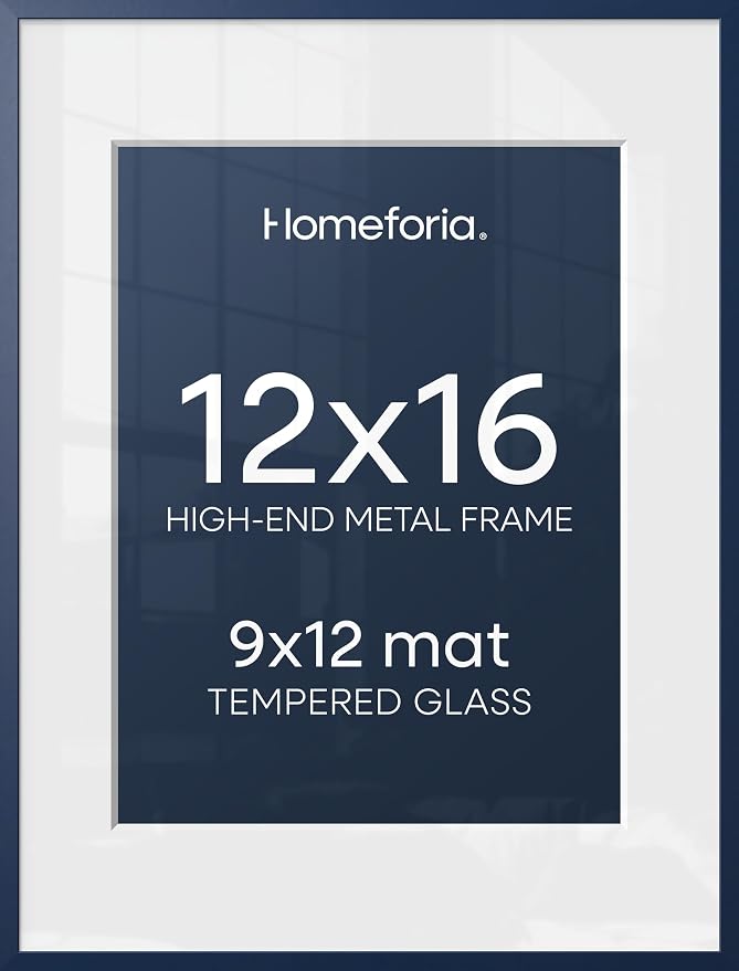 Homeforia 12x16 Navy Blue Picture Frame, High End Metal 12x16 Poster Frames with Mat 9x12 Photo, 12 x 16 Navy Blue Frame Matted to 9 by 12 Print, 16x12 Thin Frames, Tempered Glass, Wall Kit, Set of 1