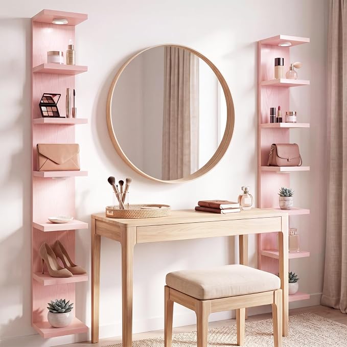 Fixwal 7 Tier Wall Shelf Unit Floating Shelves with LED Lights Lack Wall Shelf for Home Decor Organizer Display Pink