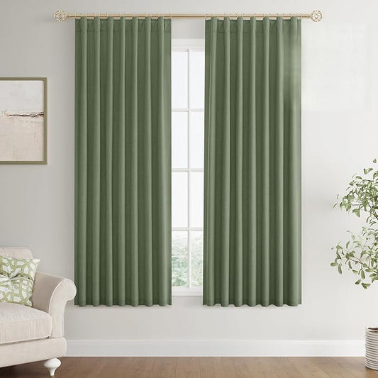 Joywell 100% Blackout Linen Curtains 63 Inch for Cafe Bathroom Forest Black Out Curtain Rod Pocket Back Tab Room Darkening Drapes for Kitchen Window 2 Panels,52 x 63,Olive Green