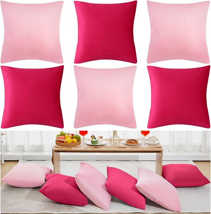 Berlune 12 Pcs Pink Picnic Velvet Throw Pillow Covers 18" x 18" Hot Pink Decorative Cushion Cases Soft Pillowcase Coquette Party Accessories Couch Sofa Bed Picnic Chair Home Decor, No Inserts