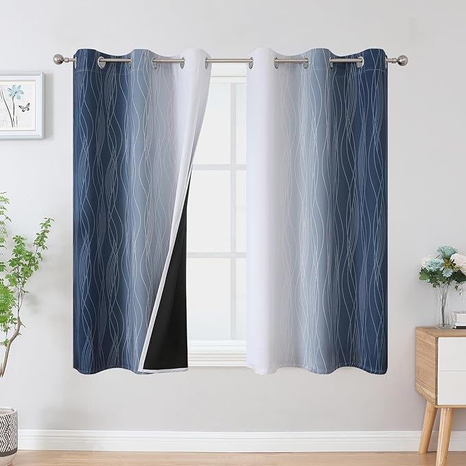 Estelar Textiler Navy Blue and Greyish White Blackout Curtains 54 Inch Length, Light Blocking Gradient Grommet Drapes for Bedroom, Thermal Insulated Ombre Curtains for Bathroom,42Wx54L,2 Panels