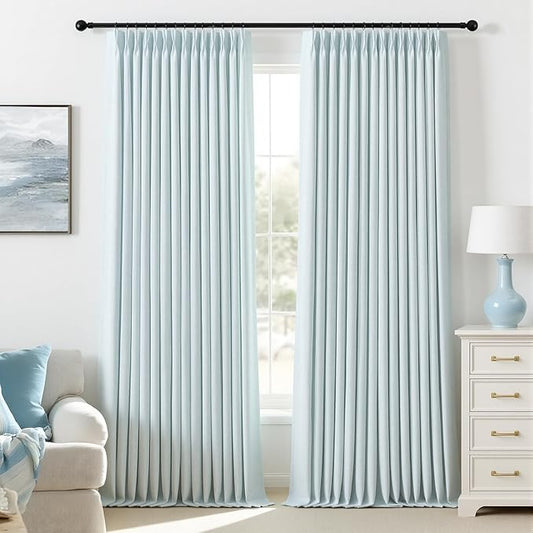 IVAPUPU Blue Pinch Pleated Full Blackout Linen Curtains for Bedroom, Black Out Curtains 102 Inches Long for Living Room Darkening Thermal Insulated Neutral Pleat Drapes with 16 Hooks, 2 Panels