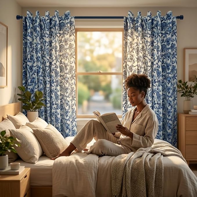 ATOSII Cotton Curtains 60" X 84" Inches Midnight Bloom