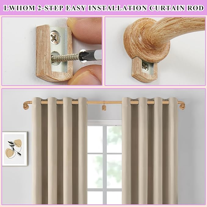 Light Wood Grain Disc Curtain Rods, 28-48 Inches Window Curtain Rod,Adjustable Room Darkening Drapery Rod with Aluminum Finials and Brackets,Wrap Around Design