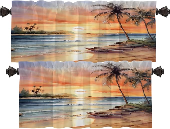 Shrahala Summer Sunset Beach Kitchen Valances, Tropical Seaside Scene Half Window Curtain Window Treatment Multilayer Polyester Blackout for Living Room Bathroom 2 Pack 52 X 16 in
