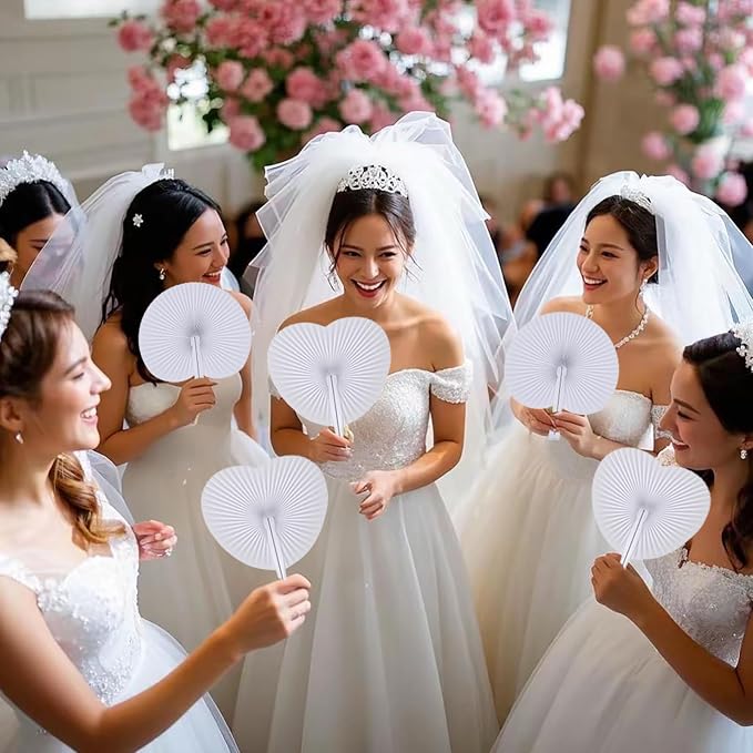 150 Pcs White Heart Paper Fans | Foldable Handheld Fans for Women,Folding Hand Fans for Wedding,Bridal Guest,Church,Party Favors,Dancing,Birthday,DIY