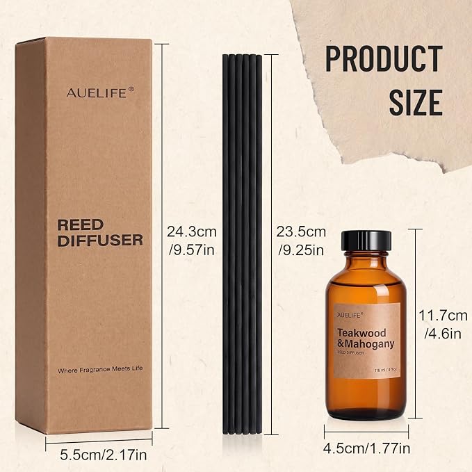 Auelife Reed Diffuser Set, Teakwood & Mahogany 2 Pack 8 Fl Oz Scented Diffuser with Fiber Sticks, Home Fragrance Reed Diffuser for Bathroom Decor, Bedroom, Office & Housewarming Gift