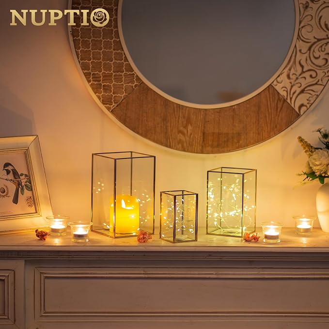 NUPTIO Hurricane Glass Candle Holders: 6 Pcs Clear Lantern Pillar Candles Holder with Black Metal Frame Modern Candle Lanterns Centerpiece for Wedding Ceremony Holiday Decoration 8.1 & 6.5 & 4.7 inch | Clear Glass Candles Holder with Black Metal Frame ...