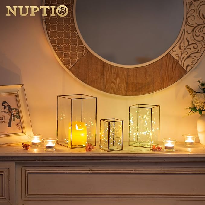 NUPTIO Glass Hurricane Candle Holder: 3 Pcs Black Lanterns Geometric Pillar Candles Holder Decorative Lantern Centerpiece for Outdoor & Indoor Halloween Holiday Fireplace Decor 8.1 & 6.5 & 4.7 inch | Decorative Lantern Centerpiece for Outdoor Indoor Ha...