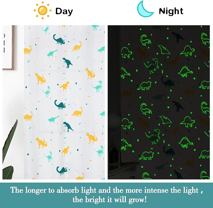 Dinosaur Curtains for Boys Bedroom Glow in the Dark Cartoon Rod Pocket Kids Boys Girls Simple Childish Cute Dino Wildlife Animals Pattern Window Drapes Nursery Bedroom Playroom Living room 2 Panels