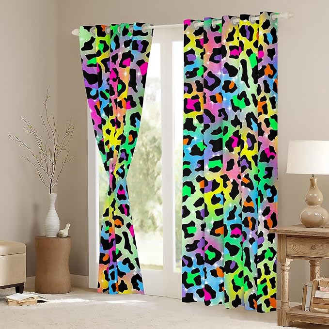 Feelyou Colourful Leopard Room Darkening Blackout Curtain Cheetah Curtains for Bedroom Living Room Boys Girls Animal Print Blackout Curtains (2 Panels, 42 x 84 Inch) Safari Window Treatments