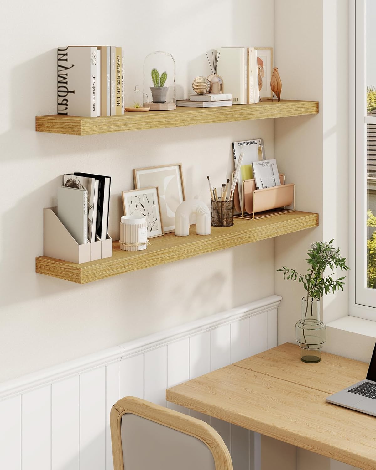 Marsmiles 48" Floating Shelves for Wall, Wooden Shelves with Invisible Brackets Set of 2, Rustic Farmhouse Wall Mounted Shelf for Kitchen Bathroom Living Room Study, Natural Oak