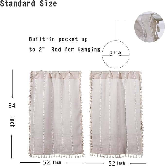 RoomTalks Boho Kitchen Curtains 36 Inch Length French Striped Farmhouse Vintage Chic Textured Tassel Short Cafe Curtains for Small Window Kitchen Bathroom Bohemian Decor (36’’L x 24’’W, Beige)