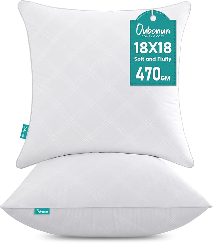 Oubonun 18x18 Inches Pack of 2 Throw Pillows Inserts, White Square Cushion Inner Soft Fluffy Plump Stuffer Pillows Inserts for Sofa Bed Couch