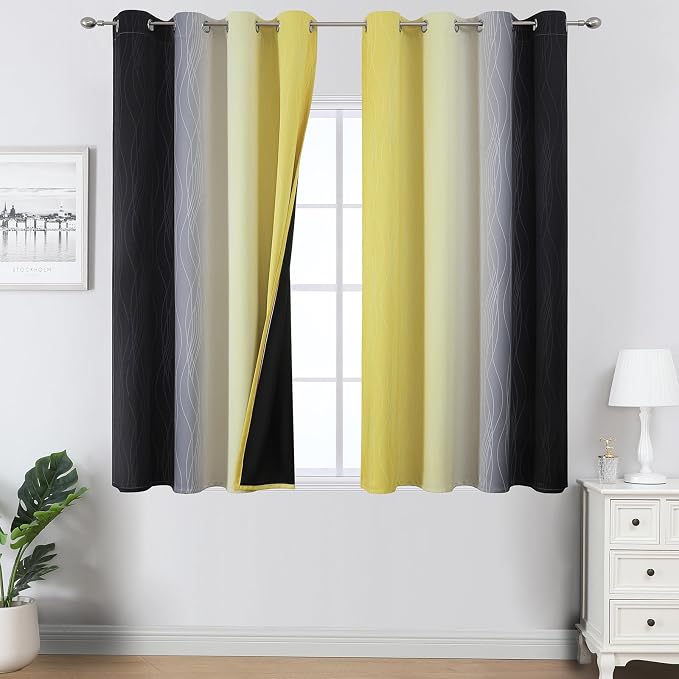 Estelar Textiler Black and Yellow Blackout Curtains 54 Inches Long, Full Light Blocking Gradient Grommet Drapes for Window, Thermal Insulated Ombre Curtains for Bedroom, 52Wx54L, 2 Panels