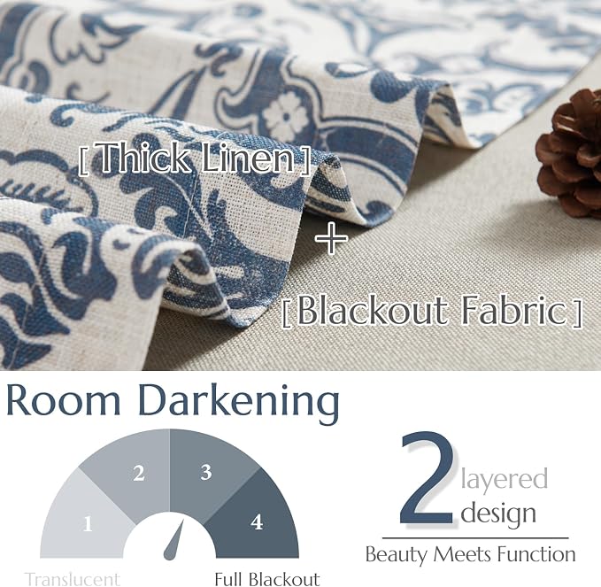 jinchan Linen Valance Curtain for Kitchen Vintage Damask Floral Blackout Valance Double Layer Small Window Curtain for Living Room Bedroom Bathroom 18 Inch Rod Pocket 1 Panel Dark Blue on Beige