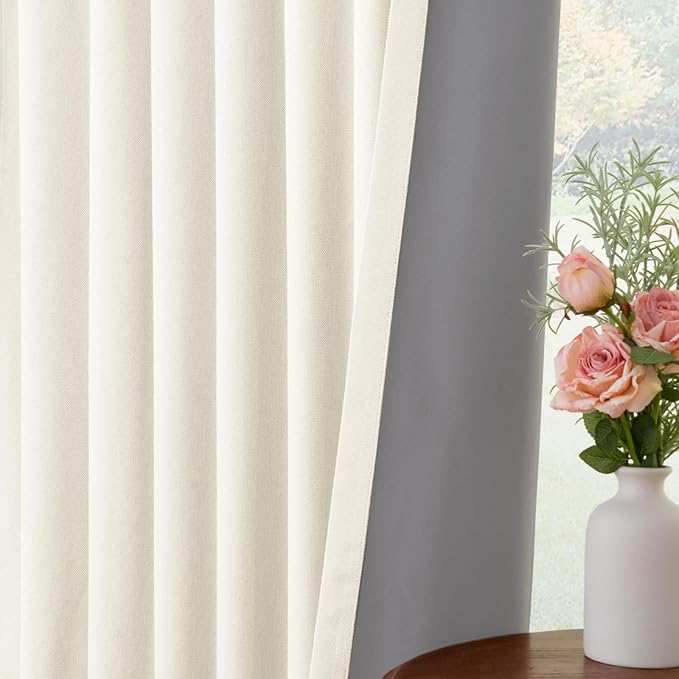 INOVADAY 100% Blackout Curtains for Bedroom, Black Out Curtains 96 Inch Long, Clip Rings Linen Blackout Drapes, Thermal Insulated Room Darkening for Living Room, 2 Panels - Lightcream,W50xL96