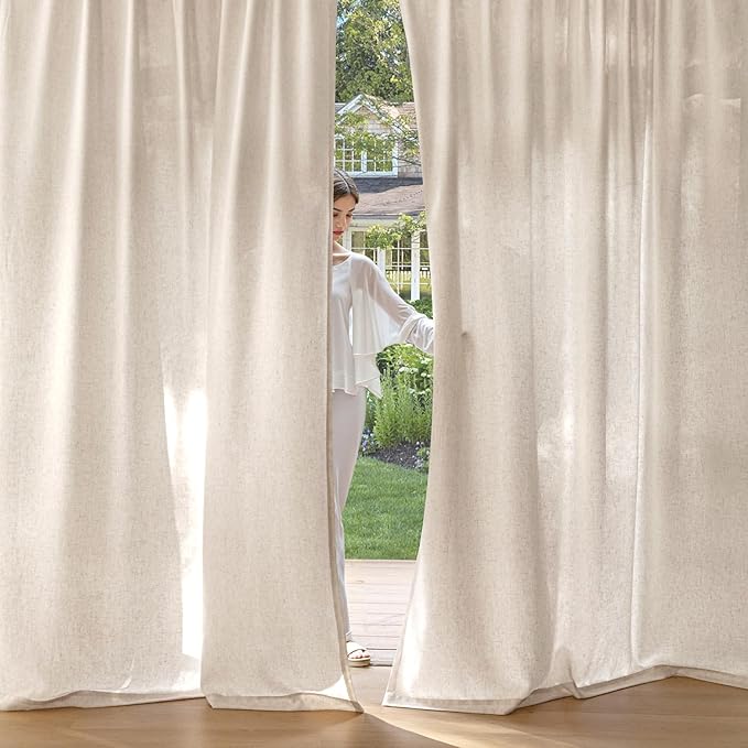 MIULEE Non-See-Through Privacy Linen Curtains 2 Panels, Light Filtering Window Curtains Farn House Textured Back Tab Semi Sheer Drapes for Bedroom Living Room, 52 x 63 Inches Long, Birch