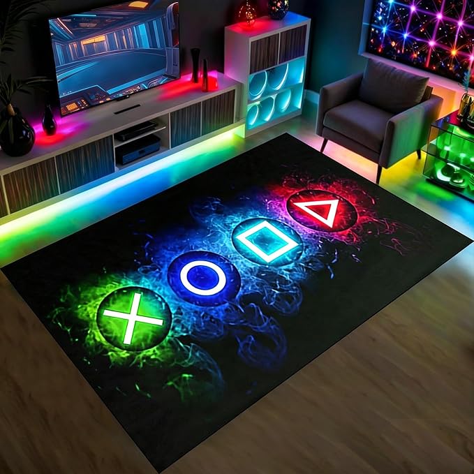 Games Area Rugs, Gamer Rug for Boy Cool Player Room Decor, Gaming Carpets for Boys Teens, Child Play Soft Floor Mat for Dining Living Room Sofa, Video Game Decor Decorate Doormats Black