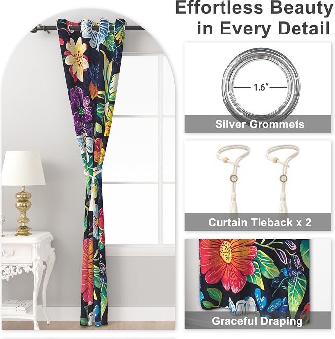 Boho Floral Blackout Curtains 84 Inch Long 2 Panels Set, Grommet Black Out Window Drapes with Curtain Tiebacks, Thermal Insulated Farmhouse Patterned Light Filtering Curtains for Bedroom Livingroom