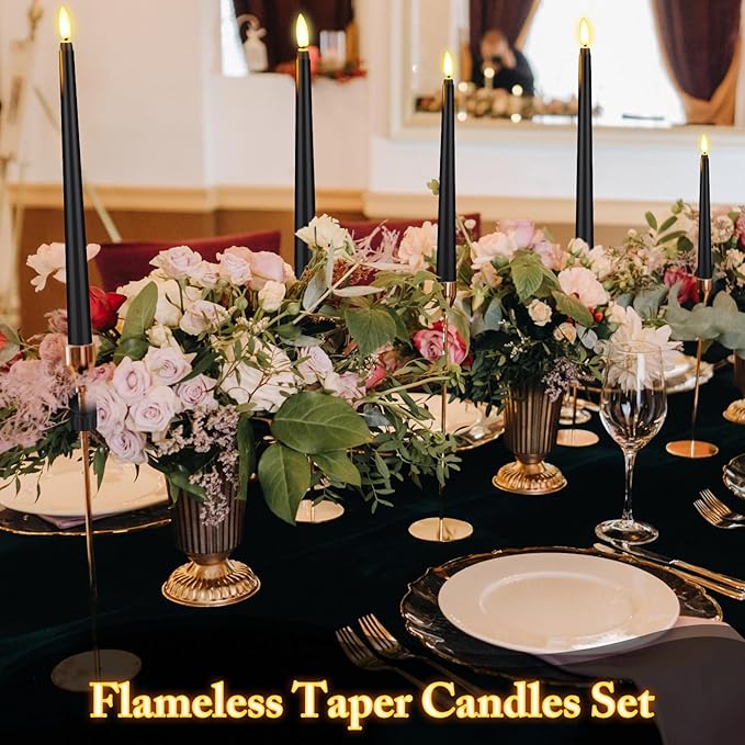 Rossesay 64 Pcs Wedding Flameless LED Taper Candles Battery Operated Candles 4 Sizes of 8.5'', 9.65'', 10.83'', 12.8'' Candlesticks Flickering for Halloween Christmas Church Wedding(Black)