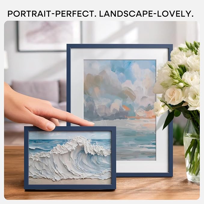 Homeforia 5x7 Picture Frame Navy Blue, High End Metal 5 x 7 Frames with Mat 4 x 6 for Print, 5by7 Desk Frame Matted to 4x6 inch Photo, 5 by 7 Wall or Tabletop Frame, Tempered Glass, Wall Kit, Set of 2