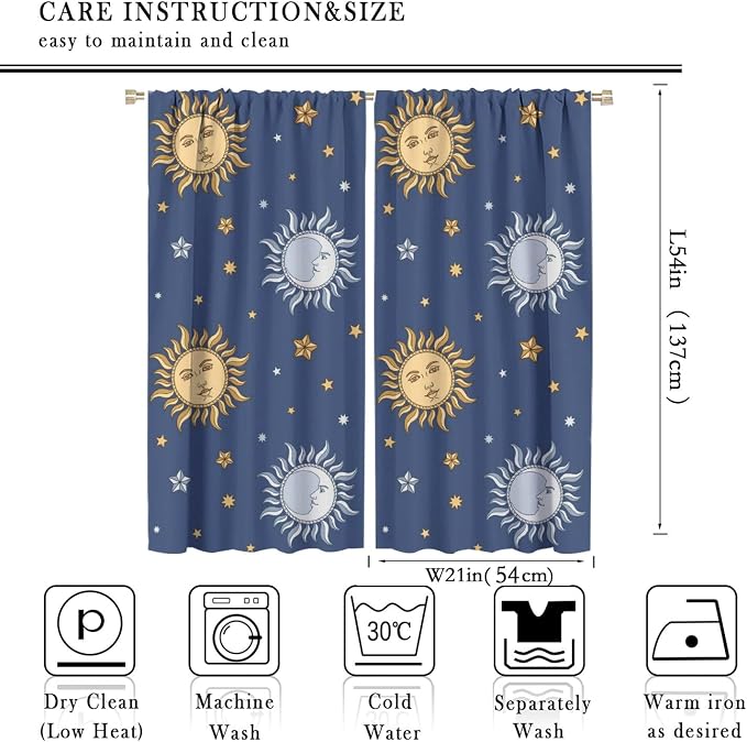 Vintage Sun Moon Bohemian Blackout Window Curtains, Retro Boho Style Print Rod Pocket Window Drapes, for Living Room Bedroom 42x54in 2 Panels