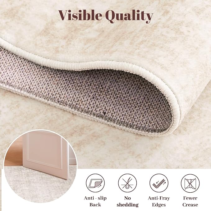 Homemate Washable Rug 9x12 Area Rugs - Vintage Faux Wool Rugs for Living Room Bedroom Dining Room - Non Slip Foldable Carpet Indoor Area Rug for Home Decor（9'x12', Beige