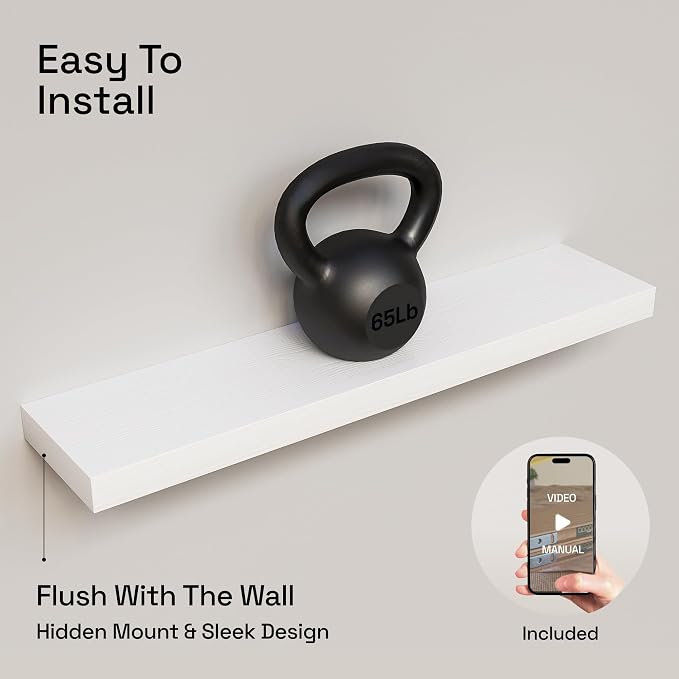 Solid Wood Floating Shelves for Wall 30 Inches Long, White Wooden Shelf | Real Wood, 30 Inch, Bathroom Shelf Large, Heavy Duty, Wall Mounted, Kitchen Bedroom Thick, White Finish, 30W × 6.7D, Set of 2