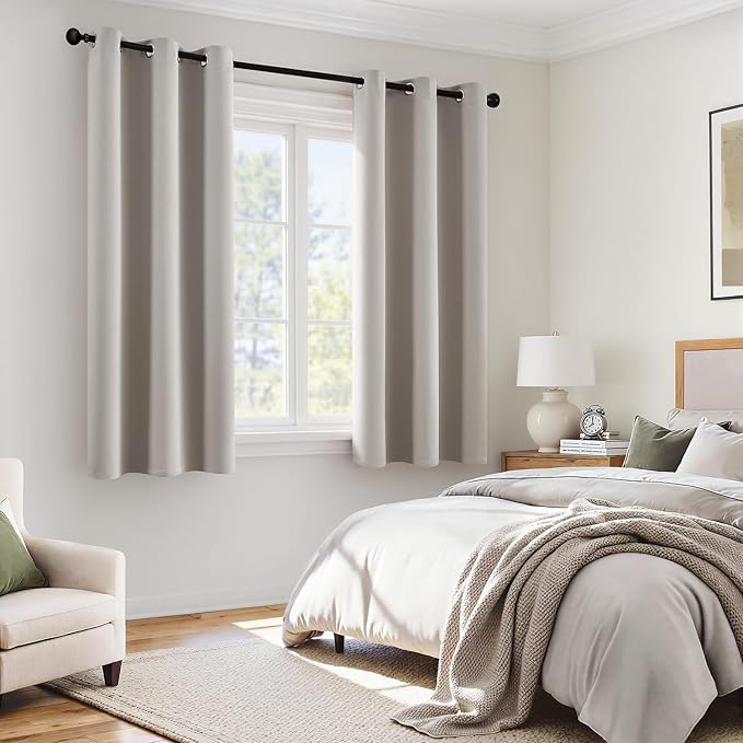 MIULEE 100% Blackout Curtains for Bedroom 54 Inch Length, 2 Thick Layers Thermal Insulated Short Window Curtains with Black Liner, Noise Reducing Grommet Kitchen Living Room Drapes 2 Panels Stone