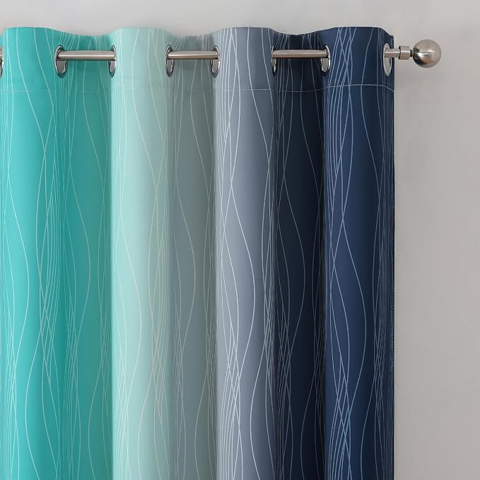 Estelar Textiler Navy Blue and Teal Blackout Curtains 72 Inch Length 2 Panels Set, Full Room Darkening Grommet Ombre Curtains for Bedroom, Thermal Insulated Light Blocking Gradient Drapes, 52Wx72L
