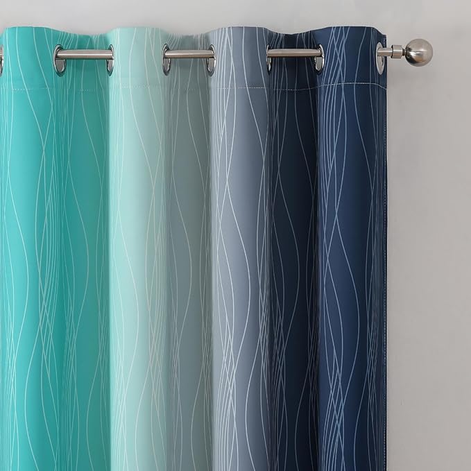 Estelar Textiler Navy Blue and Teal Blackout Curtains 45 Inch Length, Full Light Blocking Gradient Drapes for Bedroom, Thermal Insulated Grommet Ombre Curtains for Bathroom,52Wx45L,2 Panels