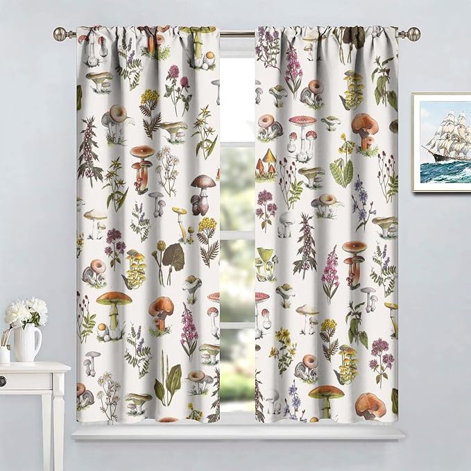 Vintage Botanical Curtains, Rustic Plants Herbs Mushroom Nature Wildflower Print Blackout Window Treatments for Living Room Bedroom Kitchen 63x63in