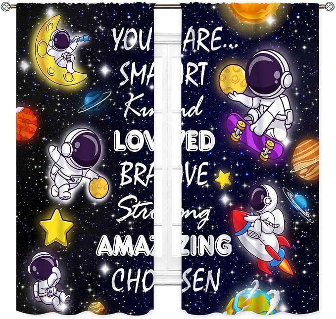 Kids Space Curtains for Boys Room, Cartoon Universe Galaxy Space Planet Astronaut Inspirational Quotes Learning Kids Window Drapery Treatments for Bedroom Living Room Nursery 2 Panels, 63"x63" Inch