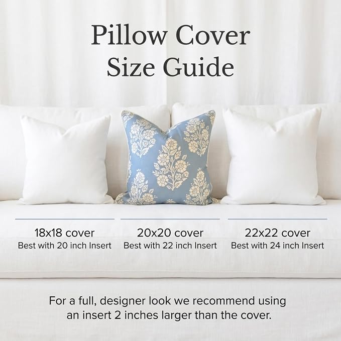 Jillien Harbor "The Hazel Bright Blue White Floral Pillow Cover Grandmillennial Home Decor Blockprint Pillow Cover 20" x 20"