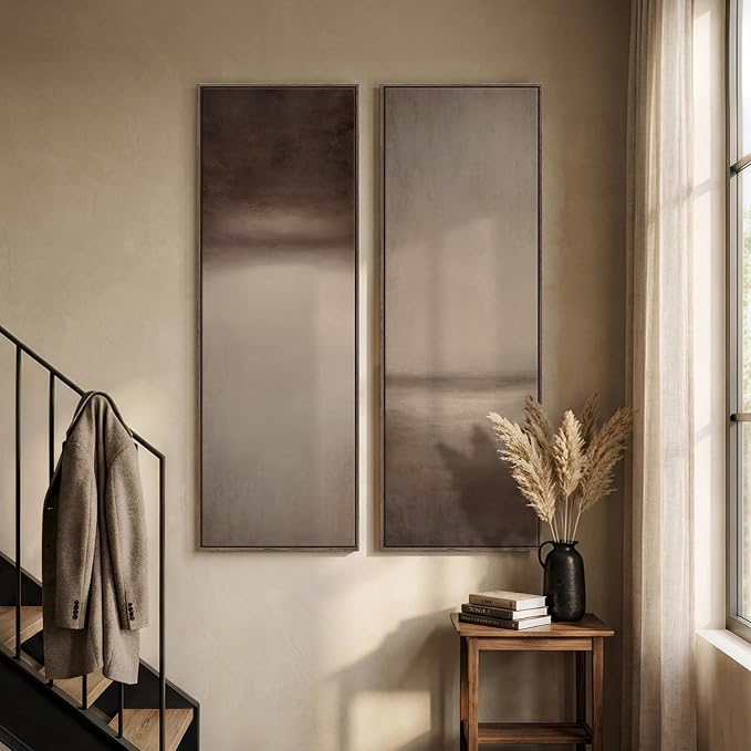 Long Narrow Framed Brown and Beige Neutral Abstract Vertical Wall Art, Set of 2 Modern Canvas Prints Paintings Artwork for Walls, Minimalist Pictures for Living Room Bedroom Hallway Entryway Wall Decor